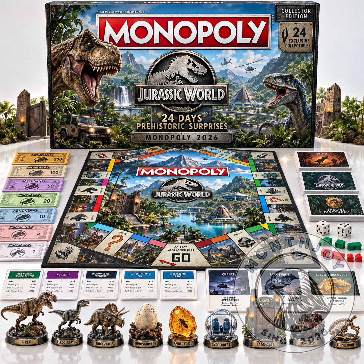 Jurassic World 24 Days Prehistoric Surprises Monopoly 2026 - complete set display