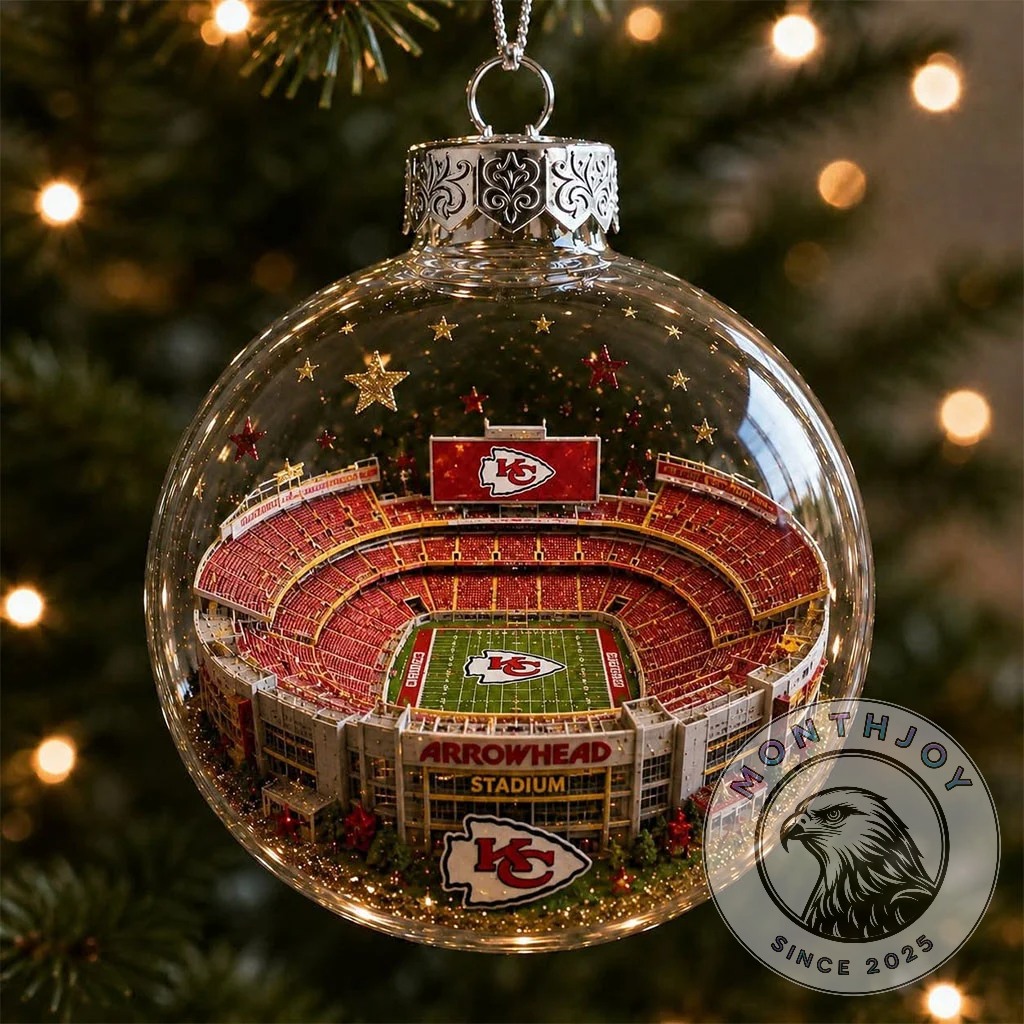 Kansas City Chiefs Arrowhead Stadium Christmas 2026 Ornament - front view showing stadium interior and logos