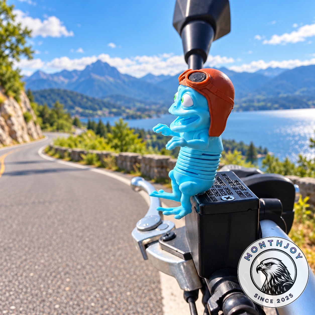 Kubilay3d Crazy Frog Helmet Motorcycle Handlebar Figurine - mounted side view on motorcycle handlebar