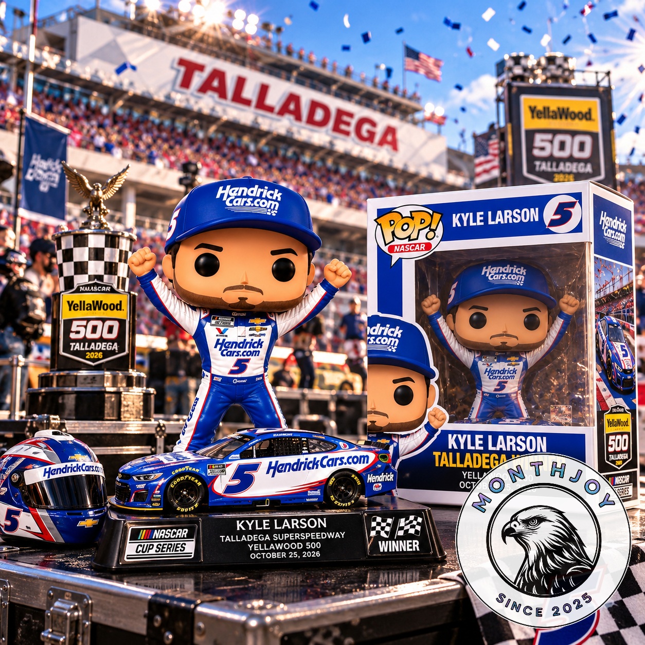 Kyle Larson 2026 Talladega YellaWood 500 Winner Funko Pop - figure with box and trophy