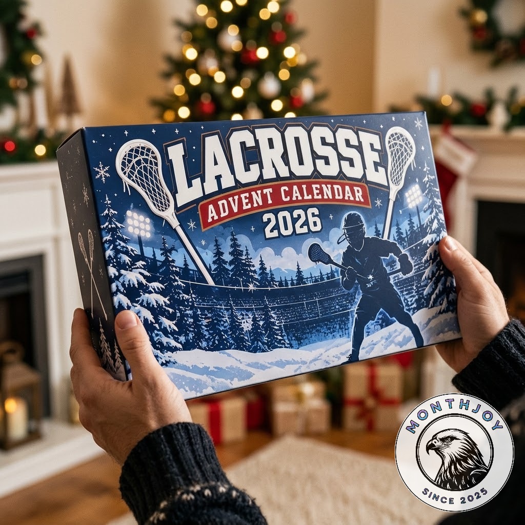 Lacrosse advent calendar - close view of lacrosse-themed miniature accessories