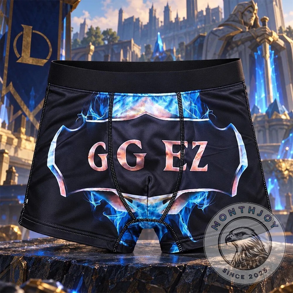 League of Legends GG EZ Boxer Briefs - front view with blue energy graphics