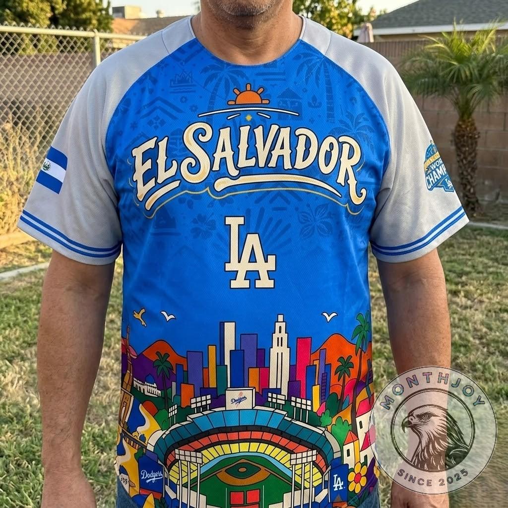 Los Angeles Dodgers Salvadoran Heritage Night Baseball Jersey - close-up front view with fans in background