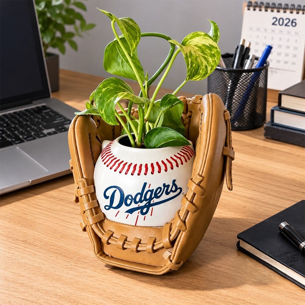 Los Angeles Dodgers Baseball Glove Plant Pot And Planter - close-up view with team helmet and scoreboard