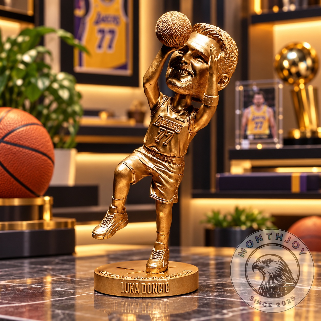 Los Angeles Lakers Luka Doncic Gold Figure Giveaway 2026 - front three-quarter view on display base
