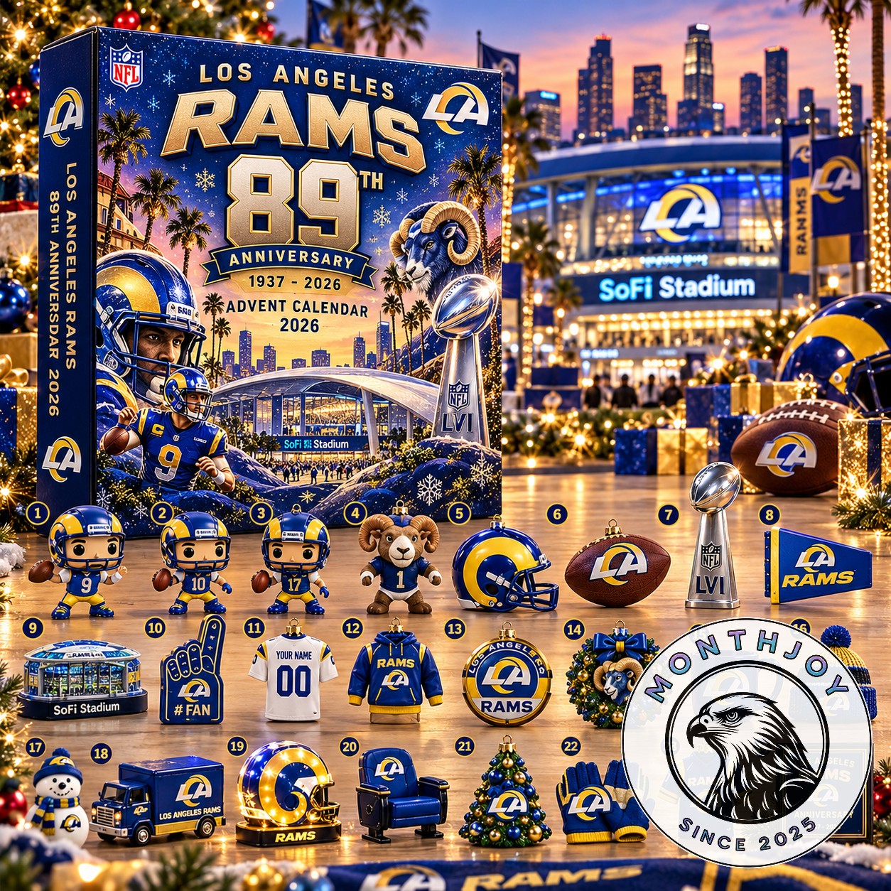 Los Angeles Rams 89th Anniversary 2026 Advent Calendar - front box with numbered collectibles displayed