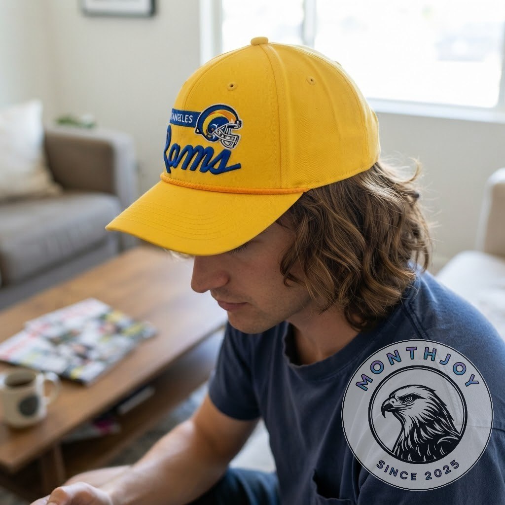 Los Angeles Rams Helmet Logo Snapback Hat - angled view of yellow brim