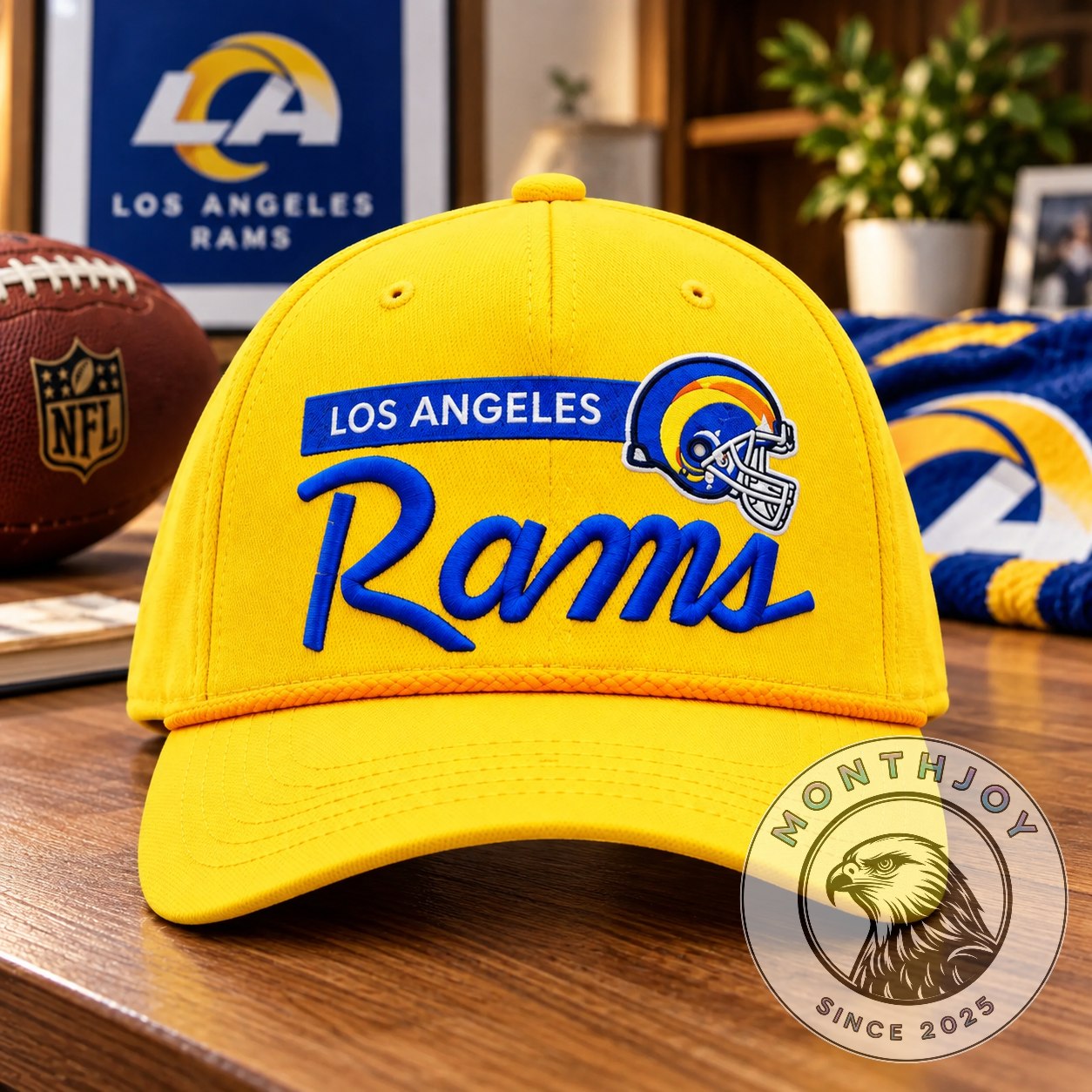 Los Angeles Rams Helmet Logo Snapback Hat - front view with embroidered script