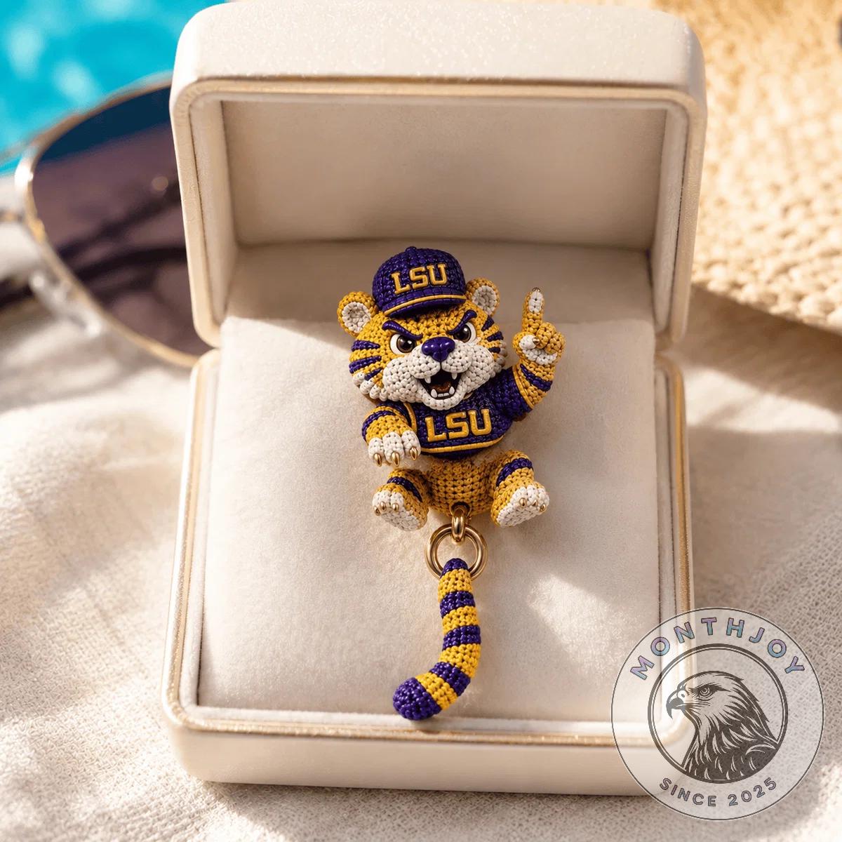 Louisiana State University Crochet Tiger Mascot Dangle Earrings - close-up of tiger's head and upper body