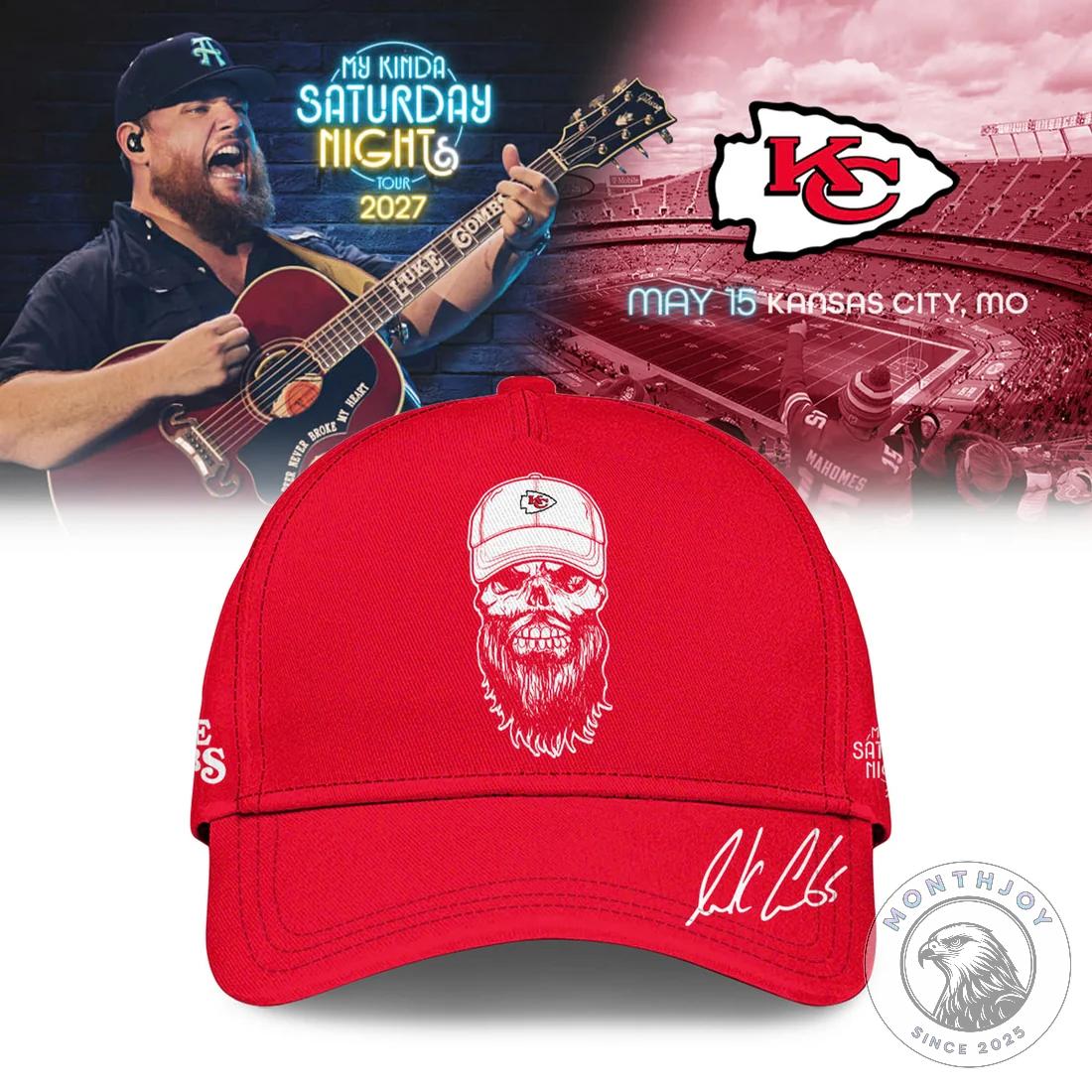 Luke Combs Kansas City Chiefs My Kinda Saturday Night Tour 2027 Jersey - front view with skull graphic and