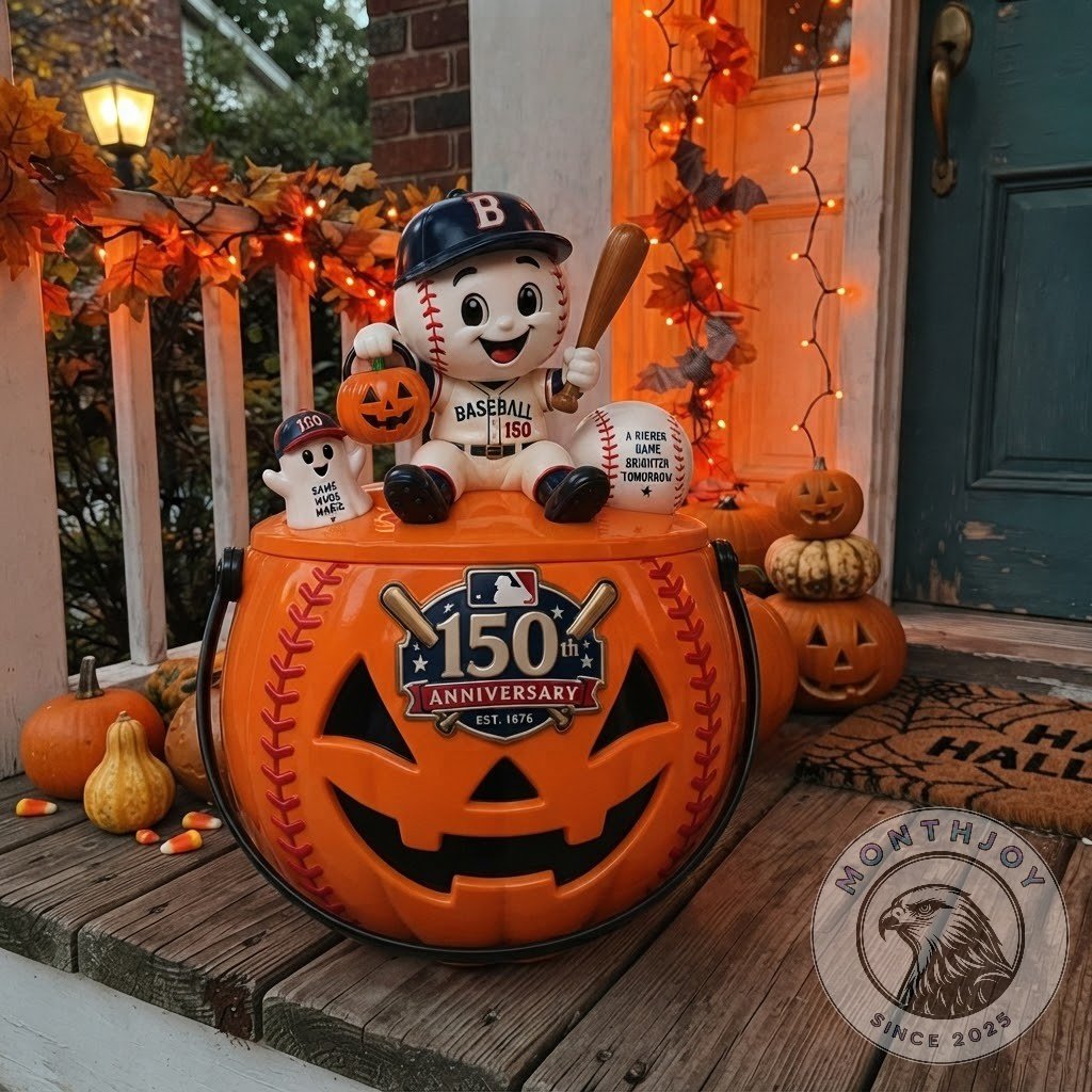 Major League Baseball 150th Anniversary Halloween 2026 Candy Bucket - close view of anniversary emblem