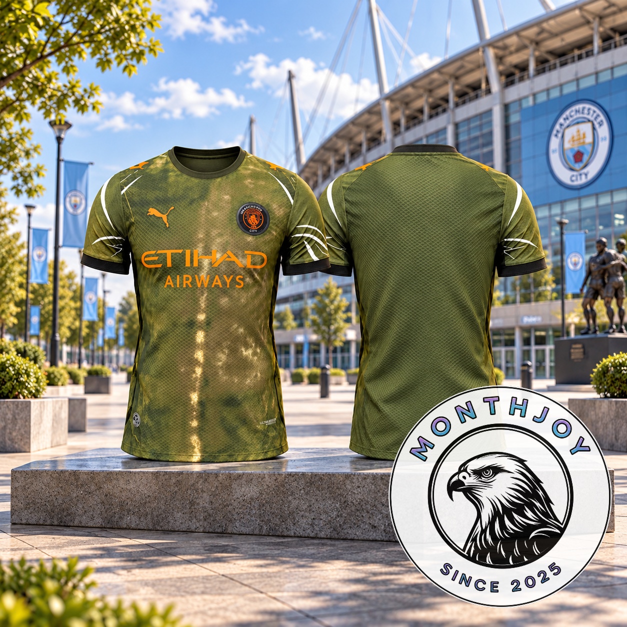 Manchester City Olive Green Fourth Kit Soccer Jersey - front and back views displayed outdoors