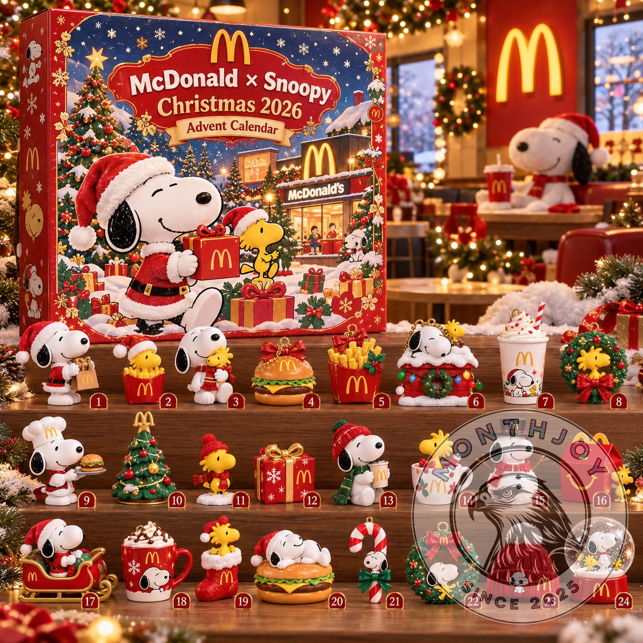 McDonald's x Snoopy Christmas 2026 Advent Calendar - front box with numbered holiday collectibles