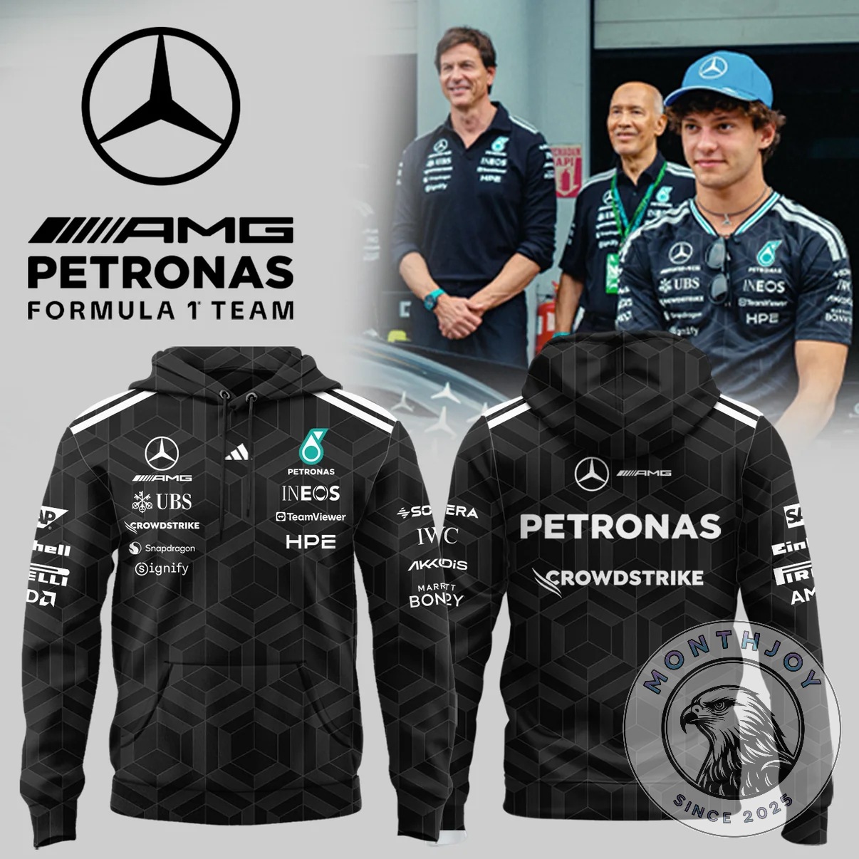 Mercedes-AMG Petronas Formula One Team Geometric Sponsor Pattern Hoodie - front and back views