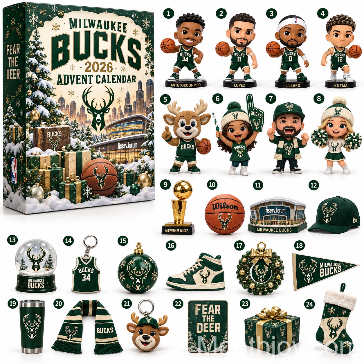 Milwaukee Bucks 2026 Christmas Advent Calendar - front box and numbered collectible designs