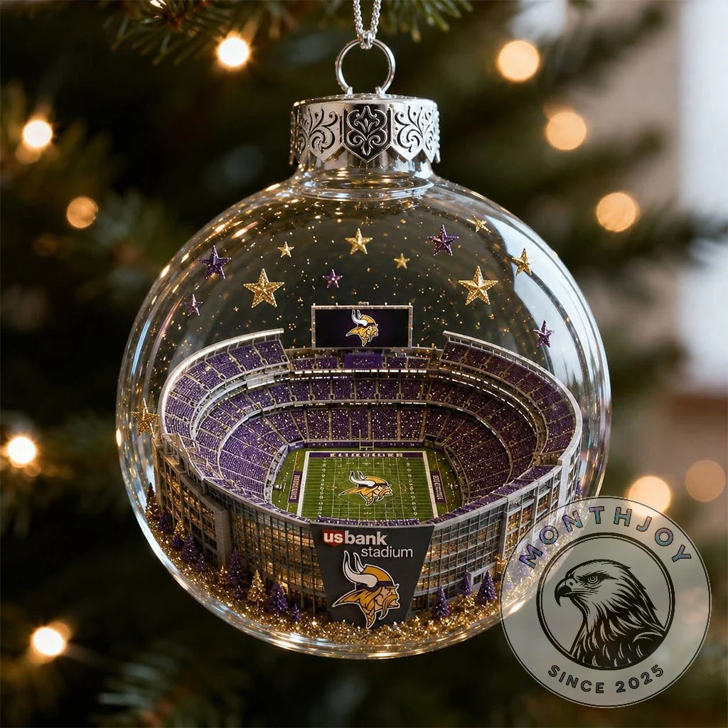 Minnesota Vikings U.S. Bank Stadium Christmas 2026 Ornament - front view showing stadium interior and team