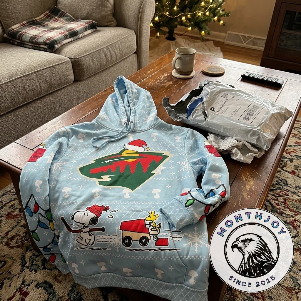 Minnesota Wild Peanuts Christmas 2026 Hoodie - full front view with festive character graphics