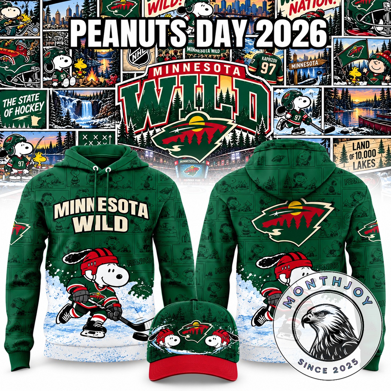 Minnesota Wild Peanuts Day 2026 Hoodie - front and back hoodie views with matching cap