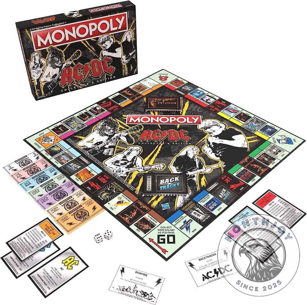 Monopoly AC/DC Collector's Edition Board Game - top left close-up with Monopoly logo