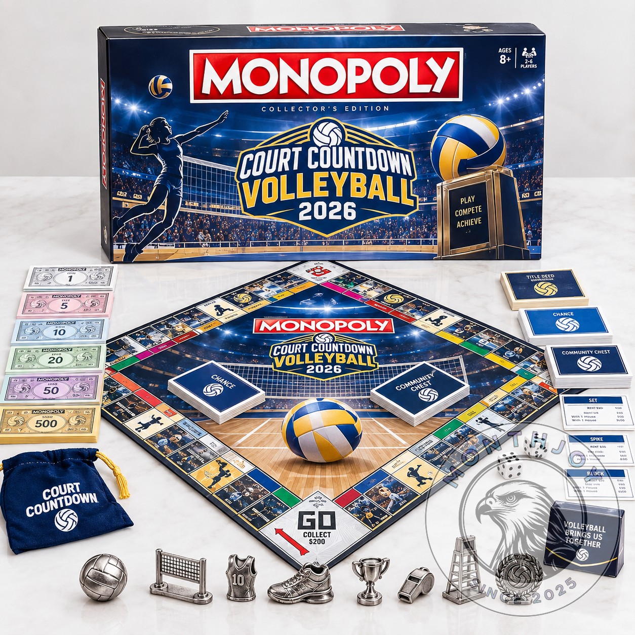 Monopoly Court Countdown Volleyball 2026 Board Game - boxed game with board and volleyball pieces displayed
