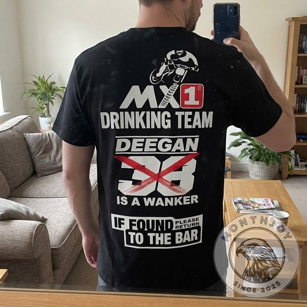 MX1 Drinking Team Deegan 38 Is a Wanker Shirt - crossed-out number 38 detail