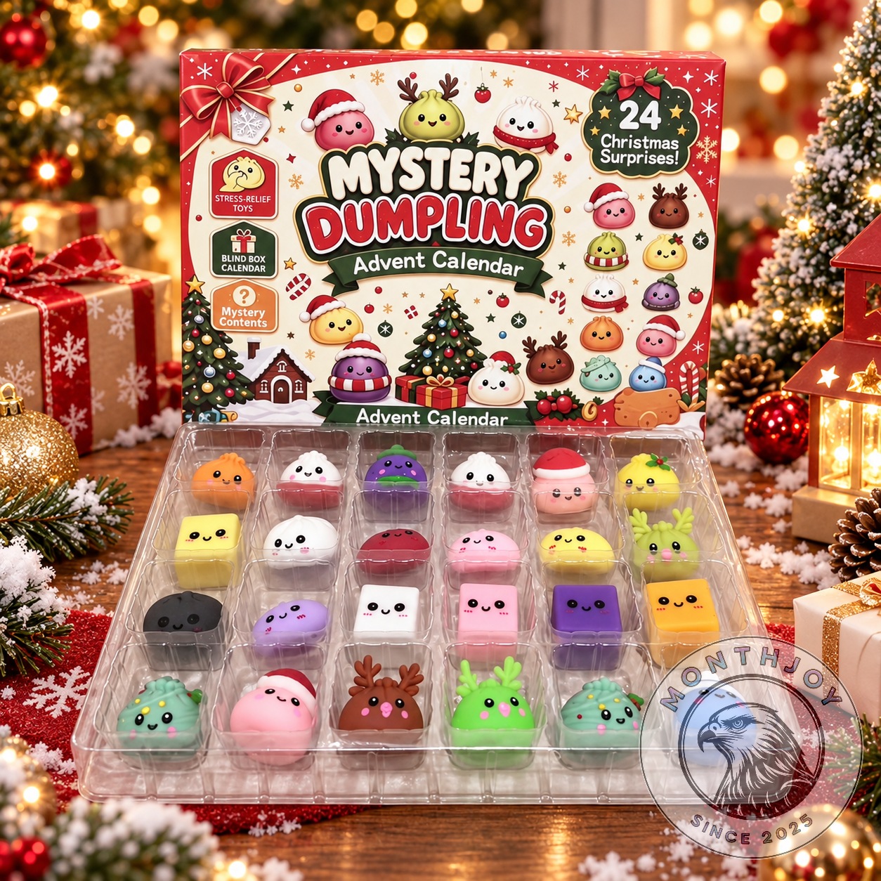 Mystery Dumpling Christmas 2026 Squishy Advent Calendar - front box and tray displaying assorted dumpling