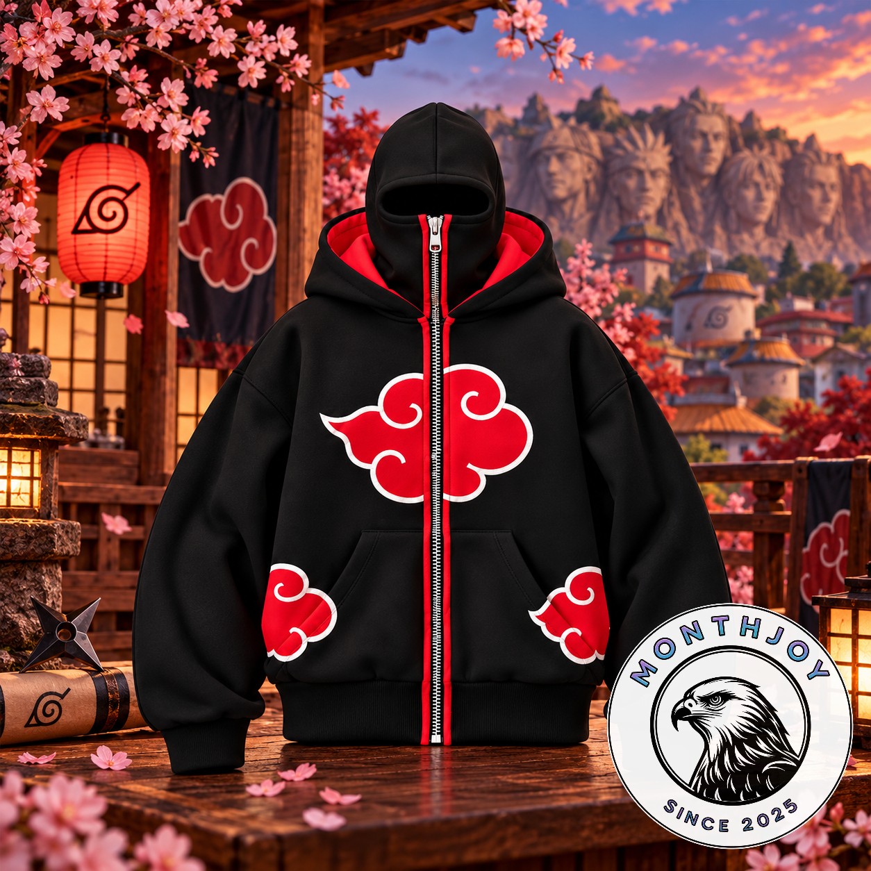 Naruto Akatsuki Red Cloud Masked Hoodie 2026 - front view with face-covering hood raised
