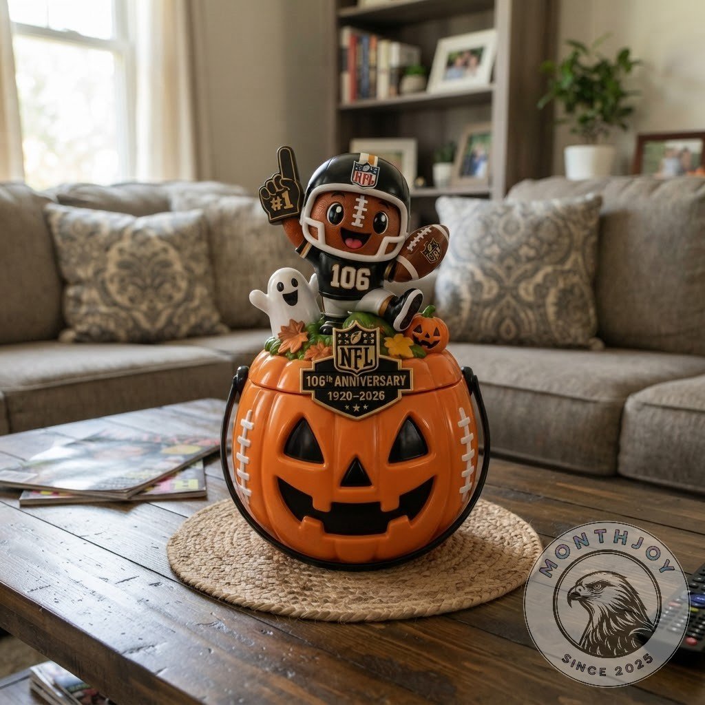National Football League 106th Anniversary 2026 Halloween Candy Bucket - close-up of anniversary badge and
