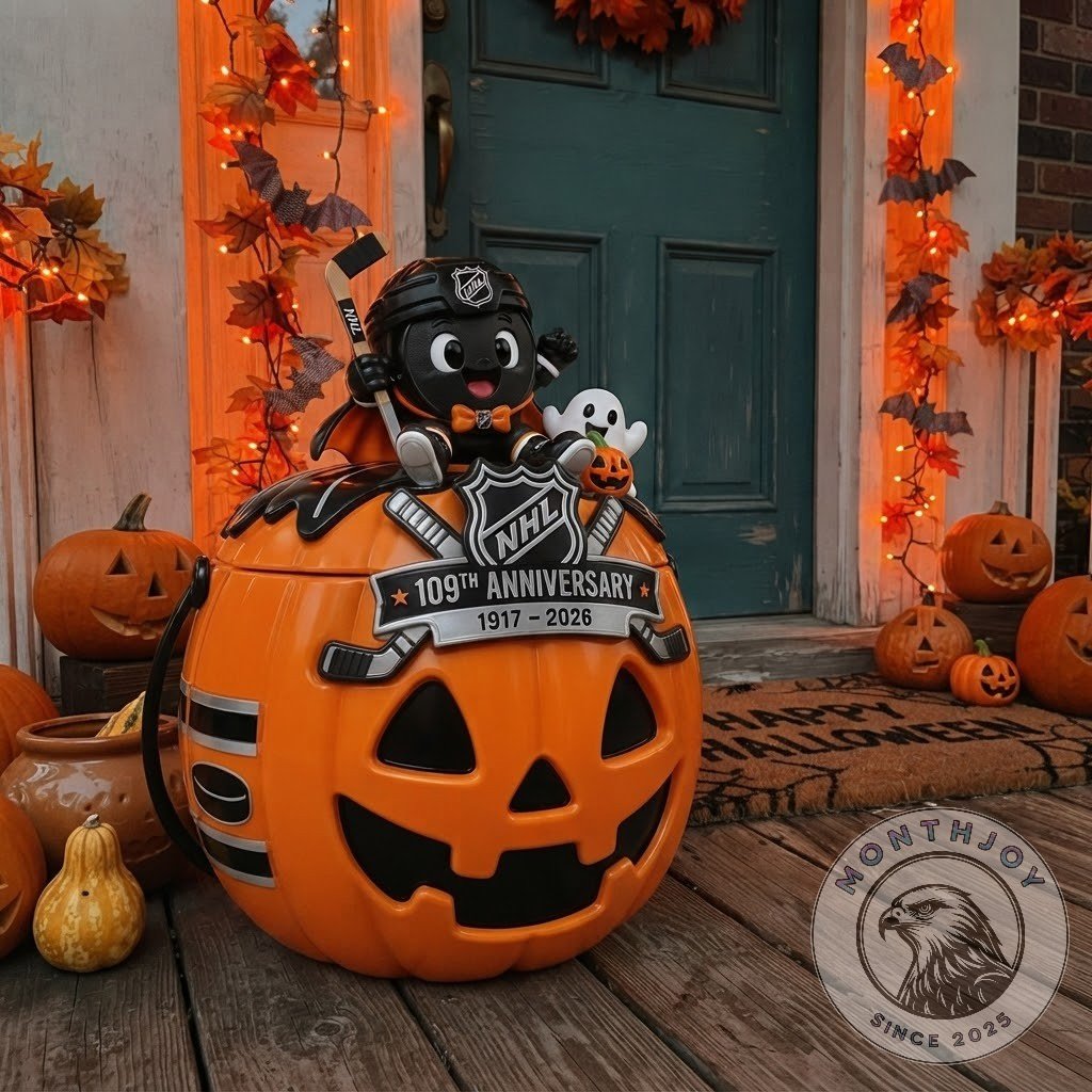 National Hockey League 109th Anniversary Halloween 2026 Candy Bucket - pumpkin face and anniversary banner