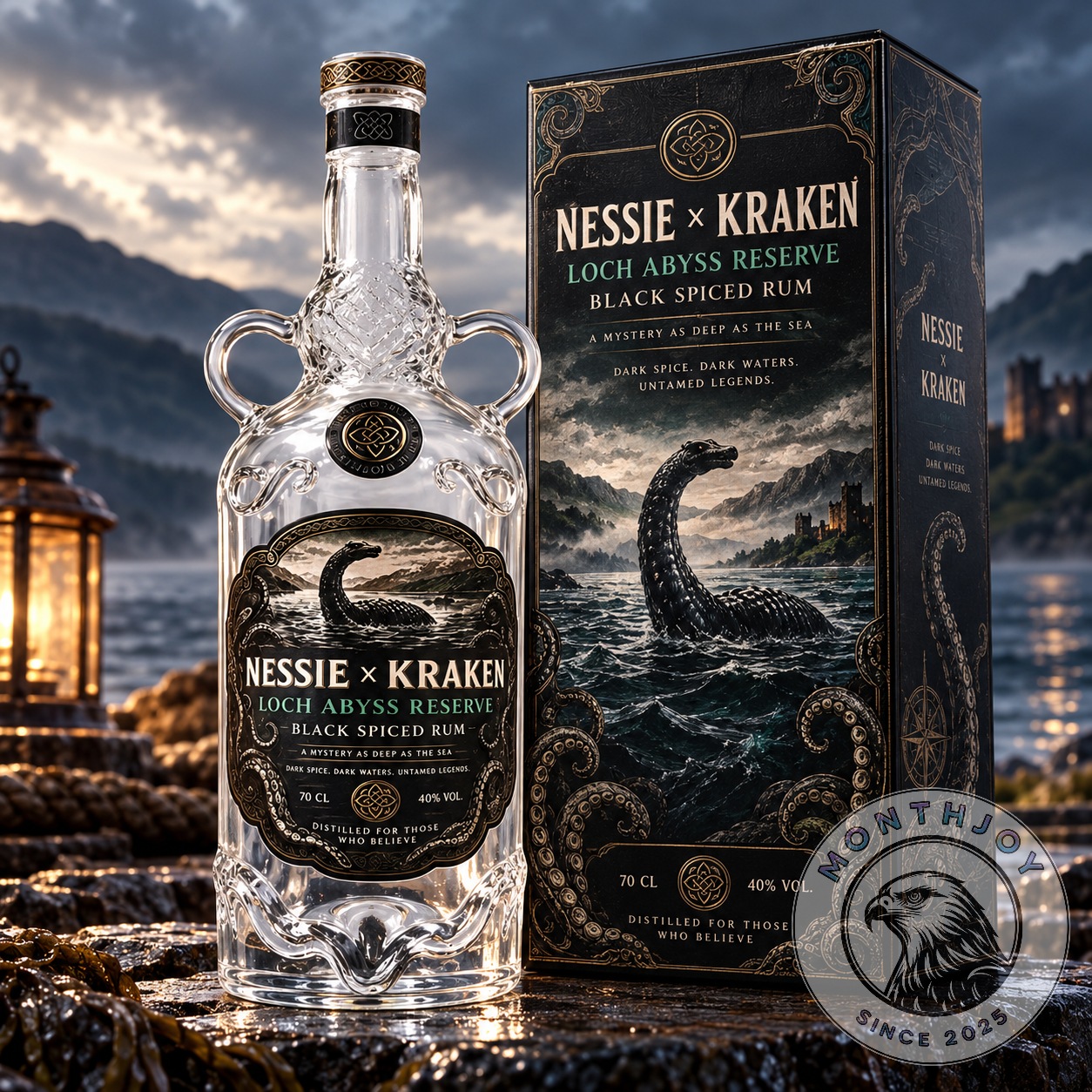 Nessie x Kraken Loch Abyss Reserve Black Spiced Rum Bottle - front view with matching box