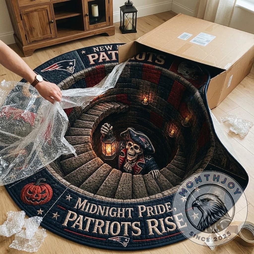 New England Patriots round rug detail with team logo, crescent moon, and colonial building