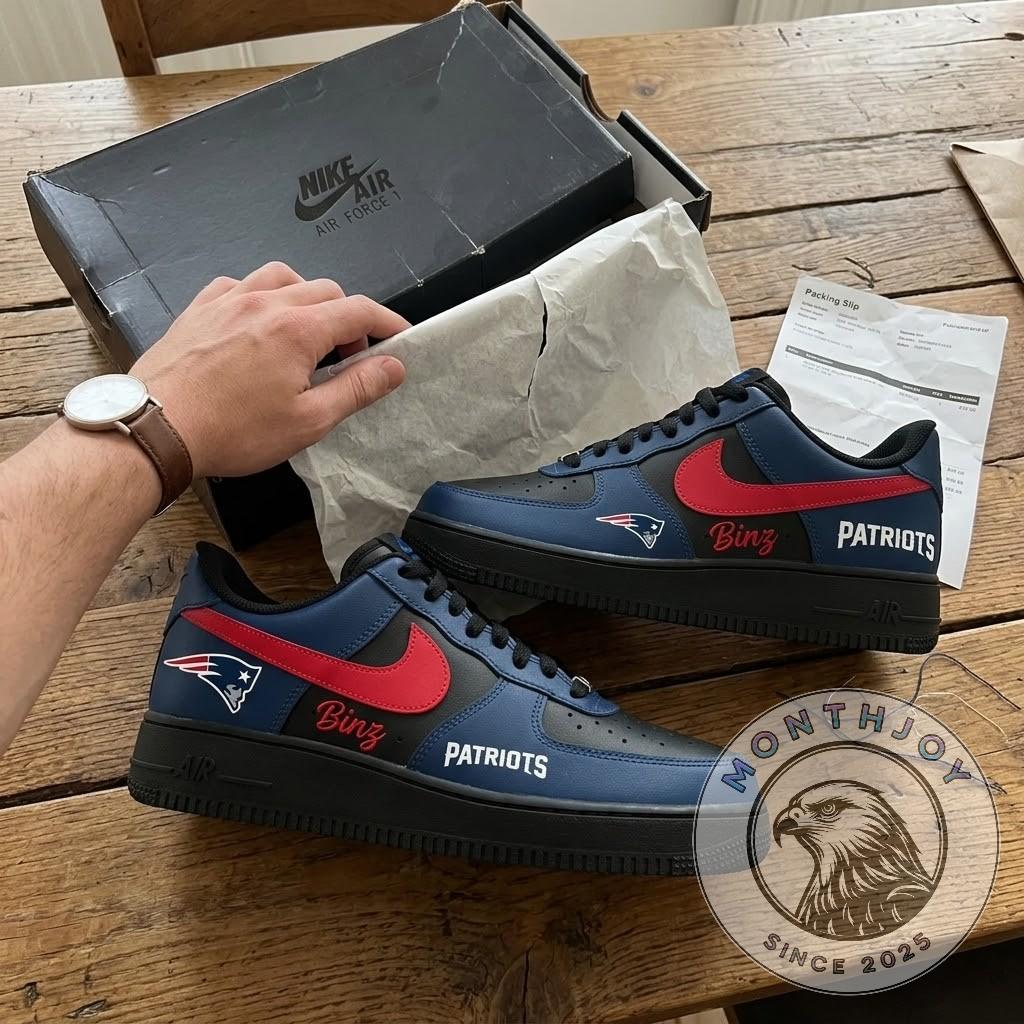 New England Patriots Custom AF1 Sneakers - close-up of the upper with custom name text