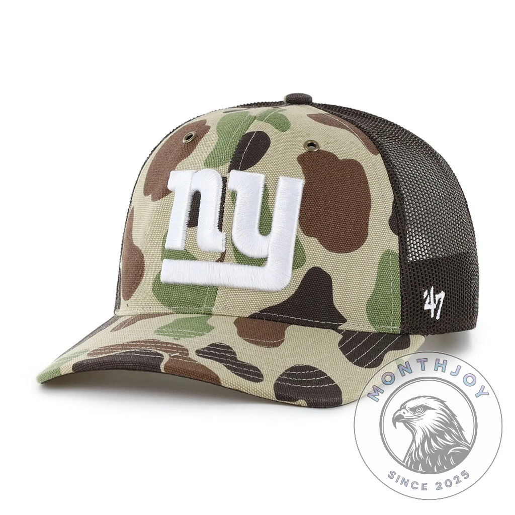 New York Giants Duck Camo Trucker Hat - front three-quarter view showing Giants logo and mesh back