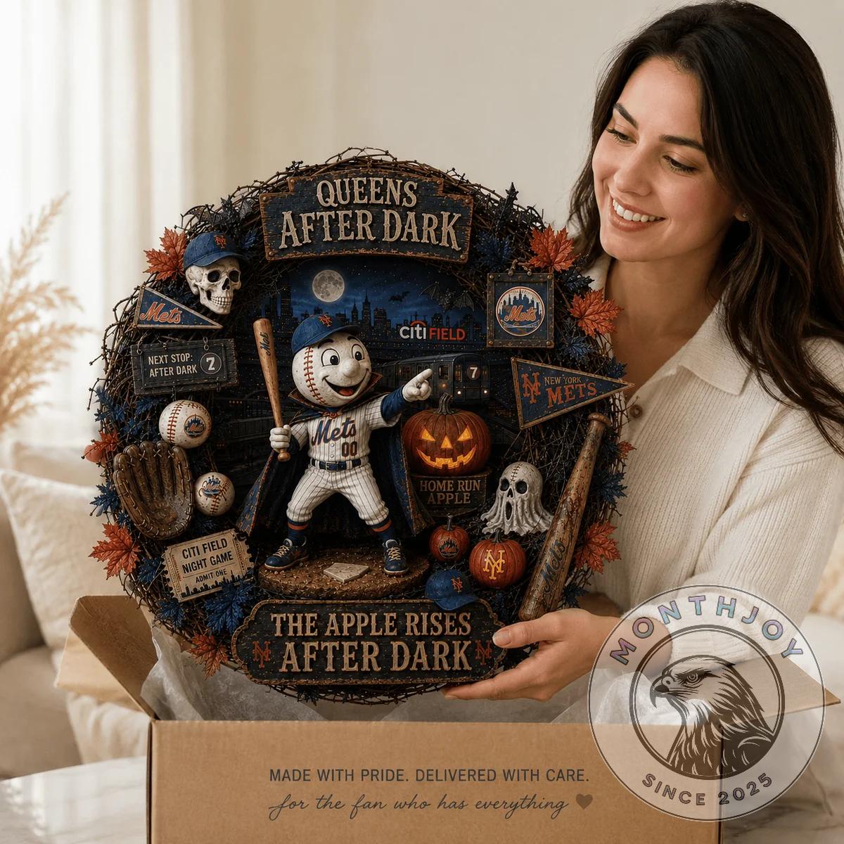 New York Mets Halloween Night Game Decorative Wreath - close-up of top left with skull and baseballs