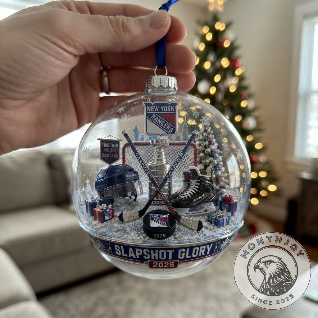 New York Rangers Ice Rink Slapshot Glory 2026 Holiday Ornament - close-up on helmet and banner
