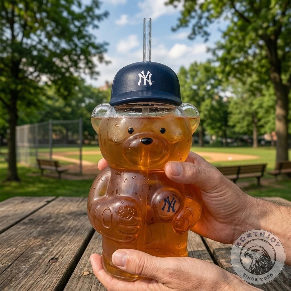New York Yankees Bear Shaped With Cap Tumbler - close-up of cap and straw against park background