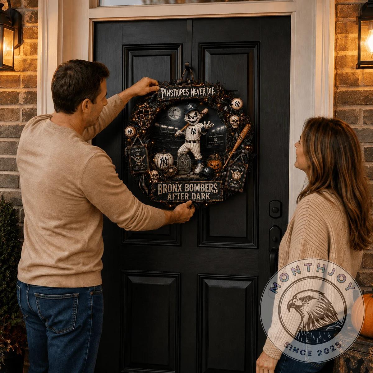 New York Yankees Halloween Spooky Wreath - close-up of skeletal player and 'Yankees Til I Die' sign