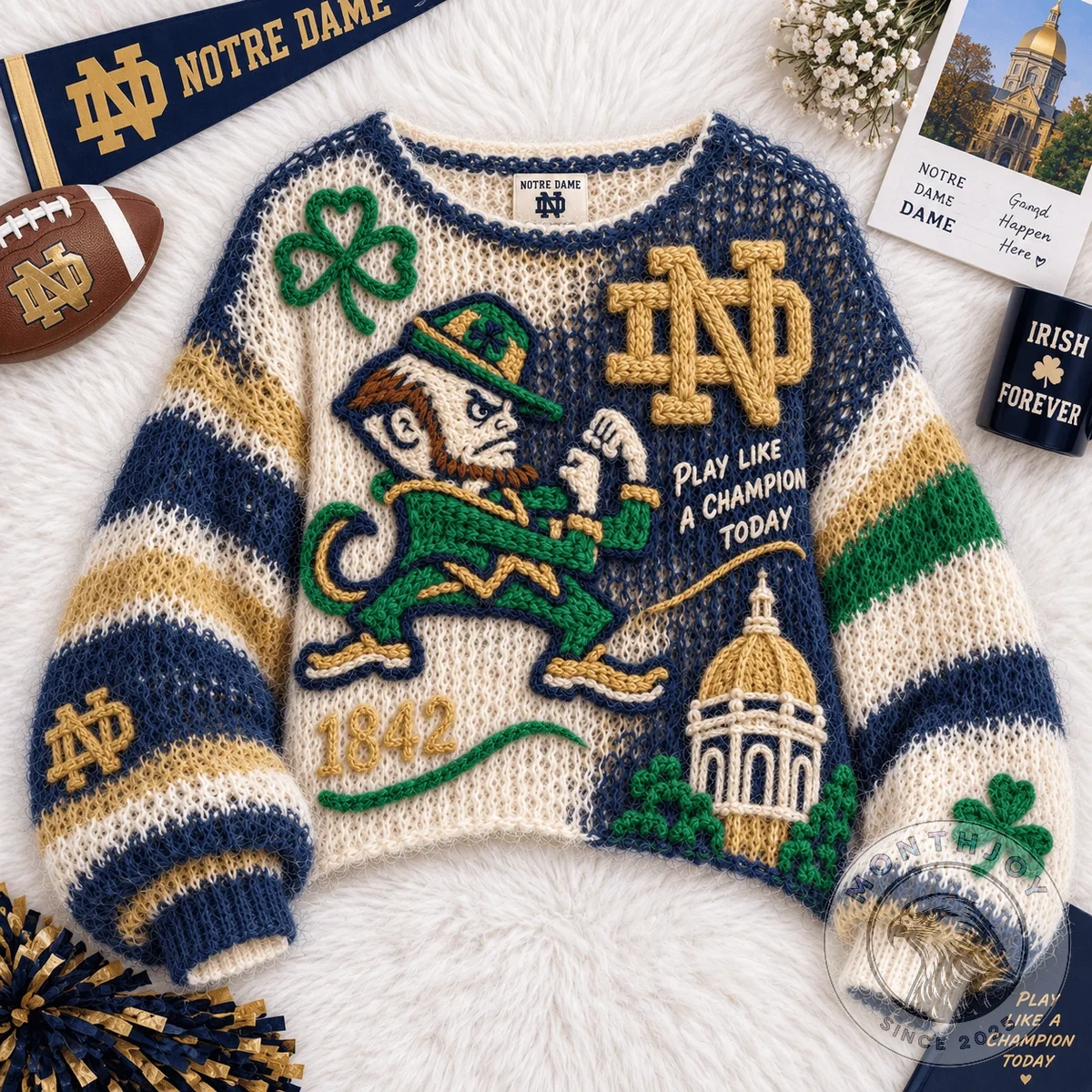 Notre Dame 1842 Heritage Leprechaun Knitted Sweater - Side View