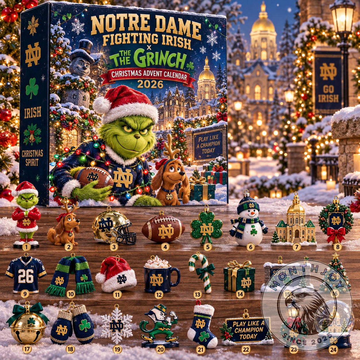 Notre Dame Fighting Irish The Grinch Christmas 2026 Advent Calendar - front box with ornaments displayed
