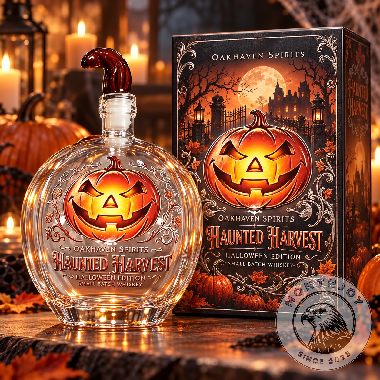 OakHaven Spirits Haunted Harvest Halloween 2026 Whiskey Decanter - front view with display box