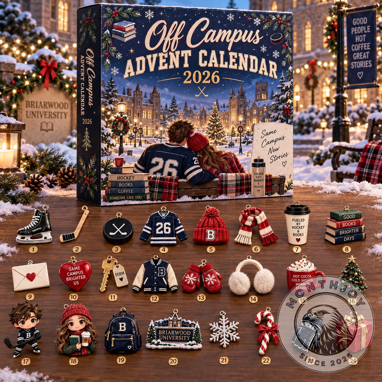 Off Campus Briarwood University Hockey Christmas 2026 Advent Calendar - front box and numbered miniatures