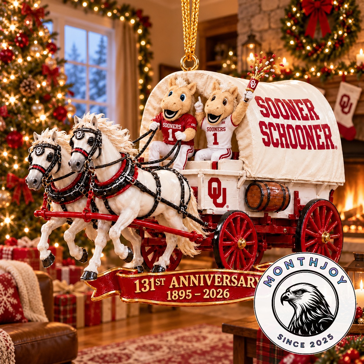 Oklahoma Sooners 131st Anniversary 2026 Christmas Ornament - front design with horses and mascots