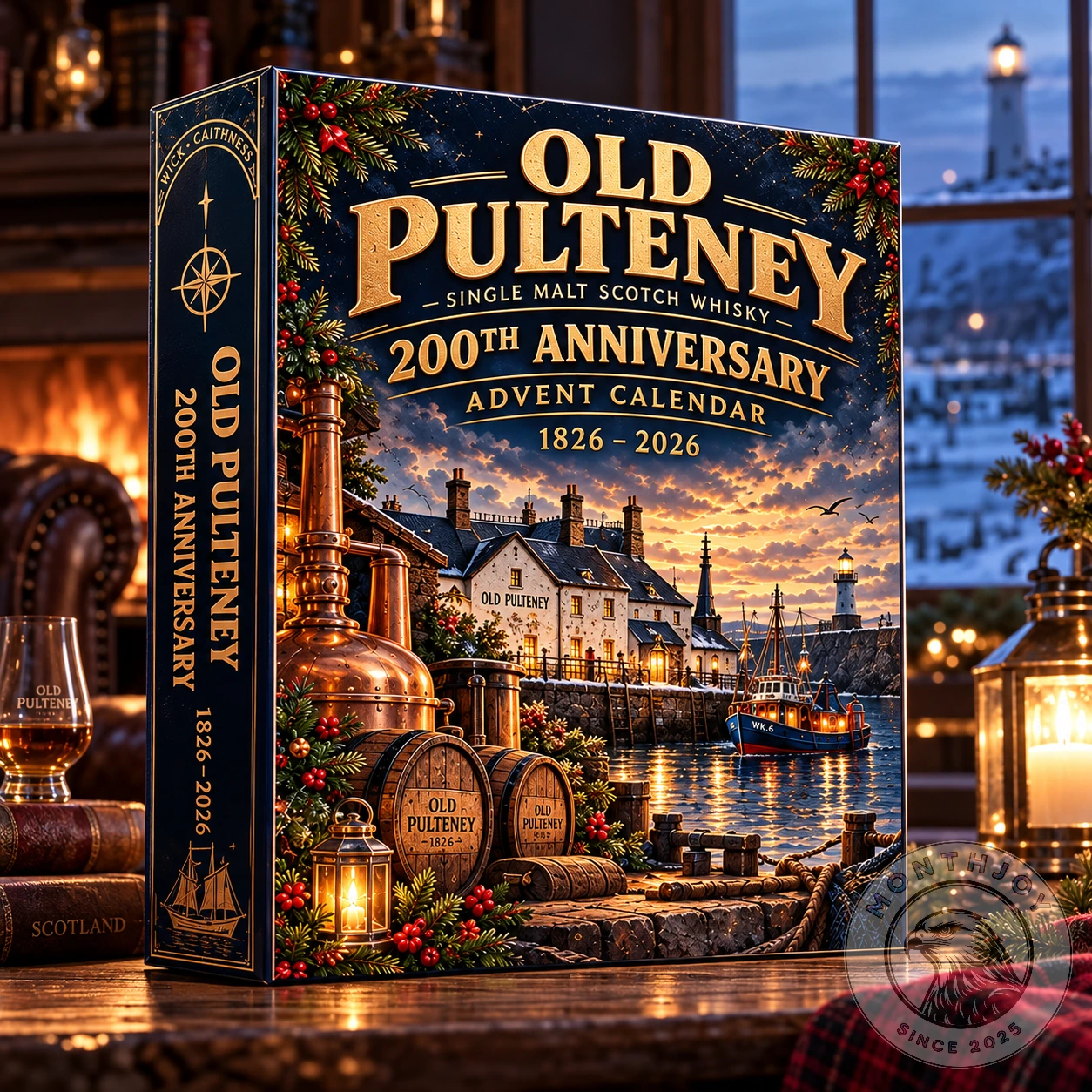 Old Pulteney 200th Anniversary Advent Calendar standing in a fireside room with Wick harbour artwork, copper still, barrels and lighthouse imagery across the box