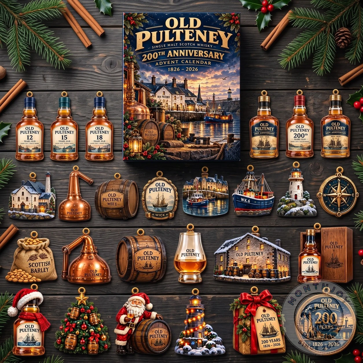 Twenty-four Old Pulteney anniversary ornaments arranged on a dark wooden surface, including whisky bottles, barley, copper stills, barrels, harbour buildings, fishing boats and a 200 Years medallion