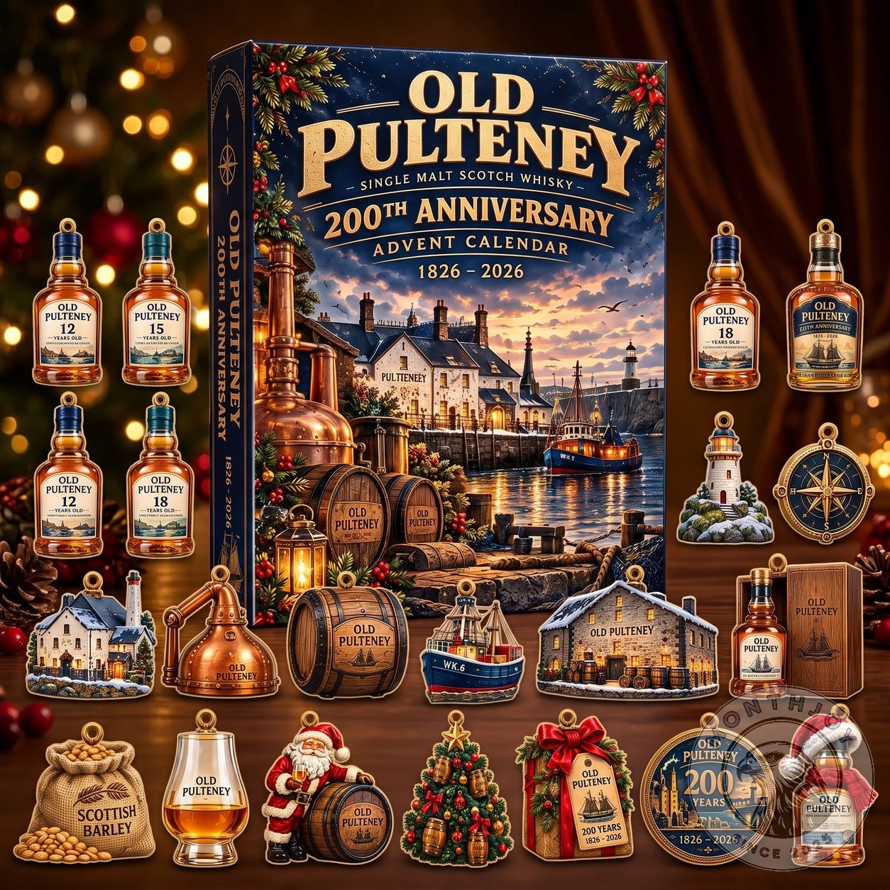 Old Pulteney 200th Anniversary box surrounded by bottle, lighthouse, fishing-boat, compass, barrel, distillery and Christmas ornaments in a warm holiday setting