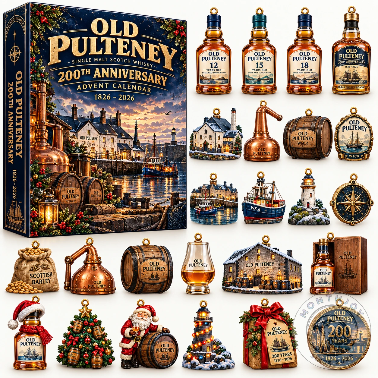 Old Pulteney 200th Anniversary Advent Calendar displayed beside 24 whisky, distillery, harbour and Christmas ornaments including 12-, 15- and 18-year bottle designs, copper stills, barrels, lighthouse and fishing boats
