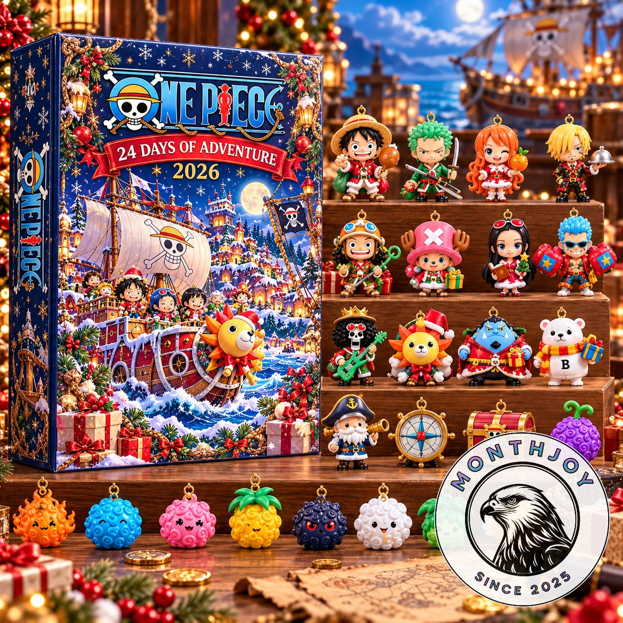 One Piece 2026 Christmas 24 Days of Adventure Advent Calendar 2026 - front box and character figures