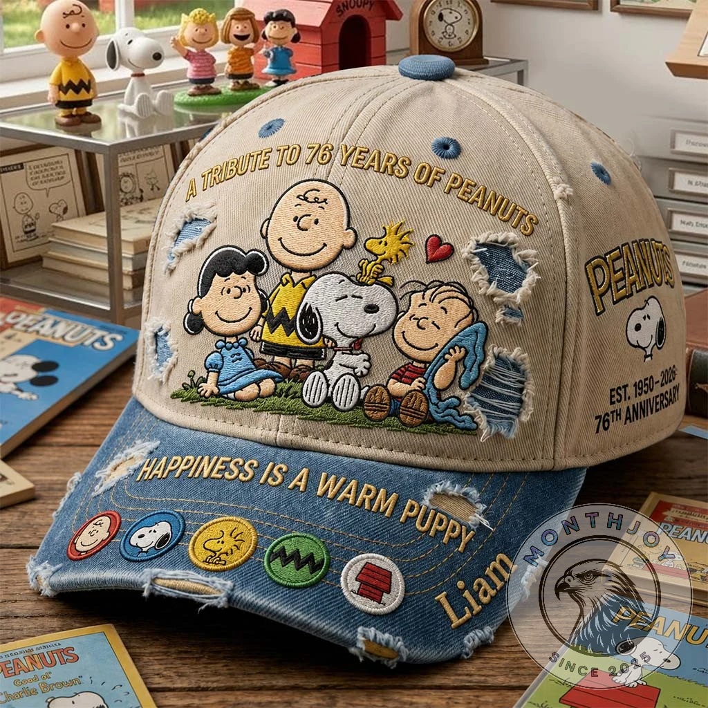 Peanuts 76th Anniversary 2026 Cap - front view showing embroidered characters and anniversary text