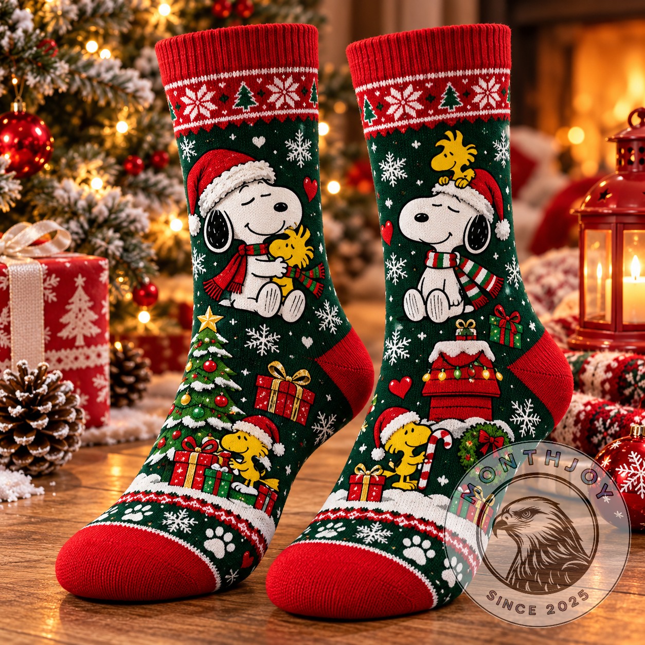 Peanuts Christmas Snoopy and Woodstock Crew Socks 2026 - paired socks showing full holiday design