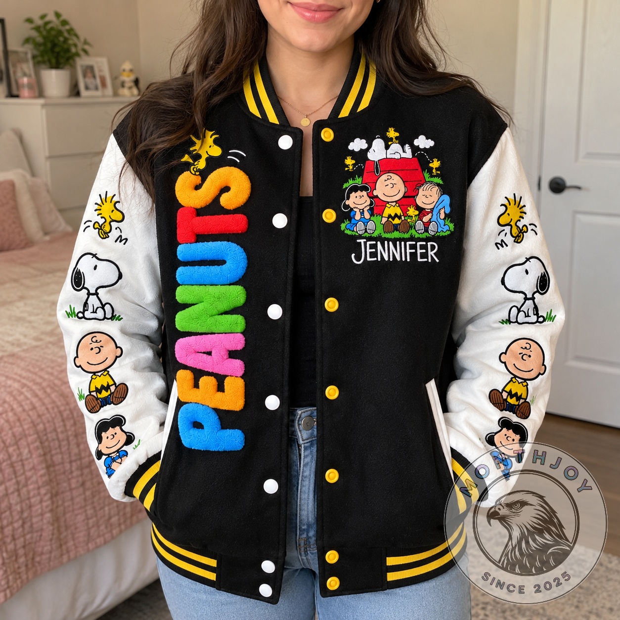 Peanuts Colorful Cartoon Friends Personalized Jacket - back artwork featuring Snoopy and friends